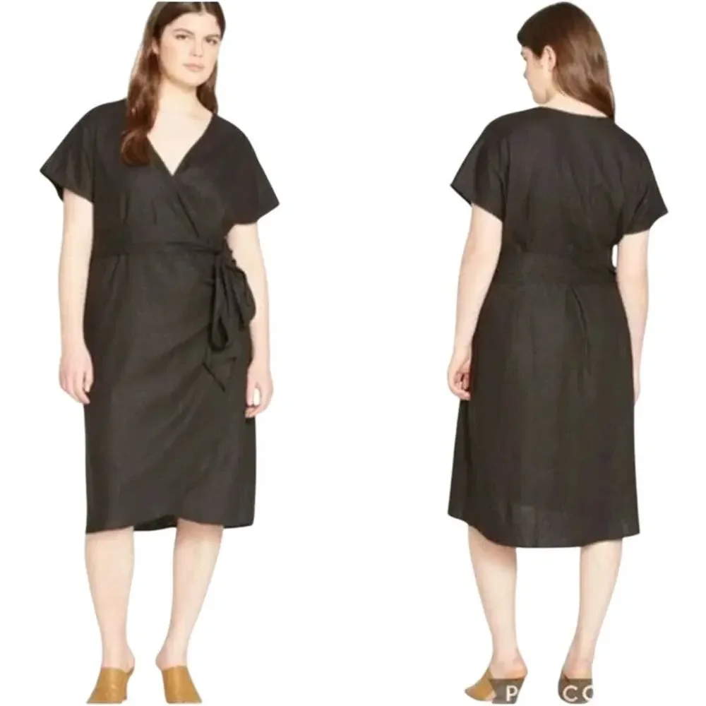 Universal Standard Tracy Linen Blend Tulip Wrap Dress Short Sleeve Belted Midi - Picture 2 of 14